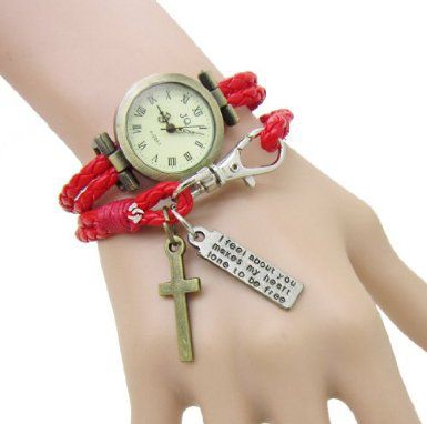 【50％OFF（半額）クーポン配布中】腕時計 アンティーク風 十字架 巻きつけタイプ (レッド)