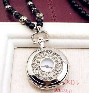 懐中時計 アンティーク風 透かしのリーフ 数珠のネックレス (シルバー) 【送料無料】