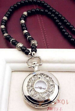 懐中時計 アンティーク風 透かしのリーフ 数珠のネックレス (シルバー) 【送料無料】