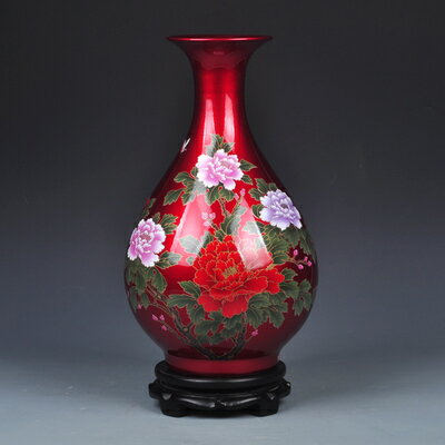 置物 花瓶 鮮やかな色合い 牡丹の花デザイン 骨董風 陶磁器製 レッド Cタイプ 