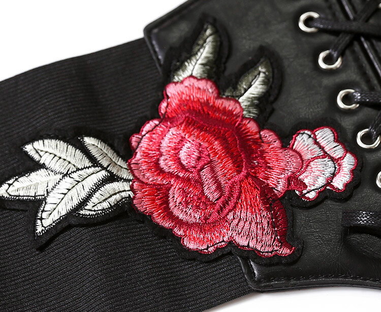 サッシュベルト 薔薇の刺繍のワッペン付き ゴム 幅広 編み上げ セクシー系 【送料無料】