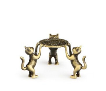中国茶道具 蓋置き 三匹の猫 ユニーク 金属製 (アンティークゴールド)