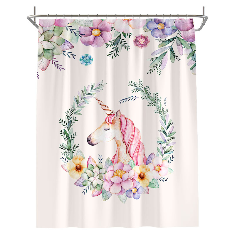 シャワーカーテン 花に囲まれたユニコーン カラフル メルヘンチック