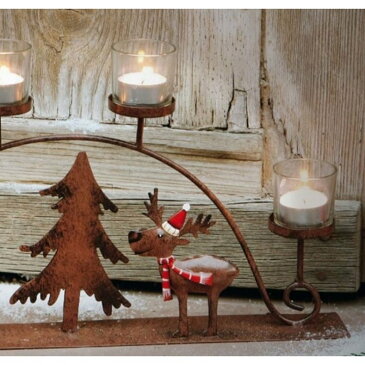 【訳あり】キャンドルホルダー 二匹のトナカイとクリスマスツリー アンティーク風 アイアン製