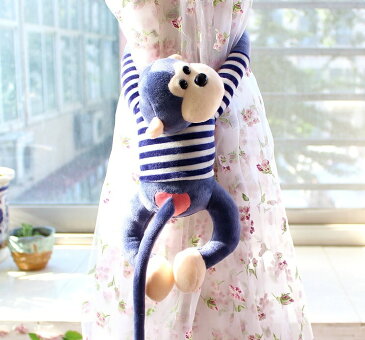カーテンタッセル ぬいぐるみ風 ボーダーの服を着た手長サル 2個セット (ネイビー)