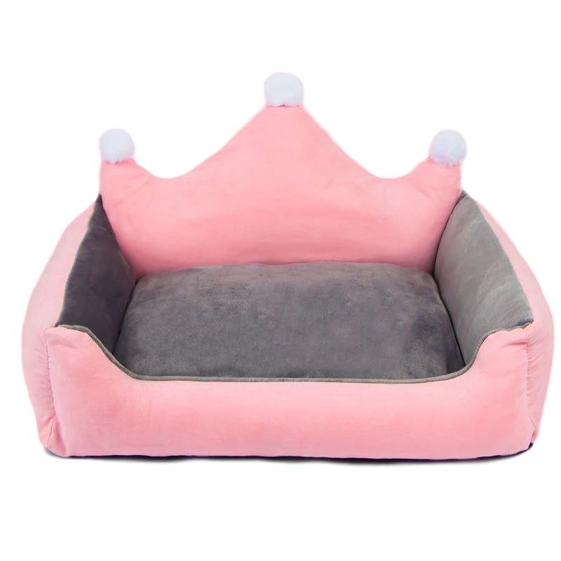 ペットベッド ソファ クラウン型の背もたれ 角型 ふわふわマット バイカラー 犬用 猫用 (ピンク)