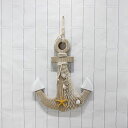 壁掛けオブジェ マリン風 イカリ型 貝 網 木製 大きめサイズ (ブラウン×ホワイト)