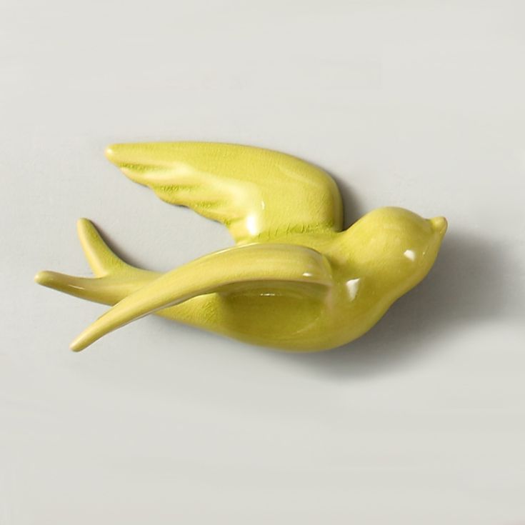 壁掛けオブジェ 羽ばたく小鳥 くすみカラー 陶器製 (イエロー)