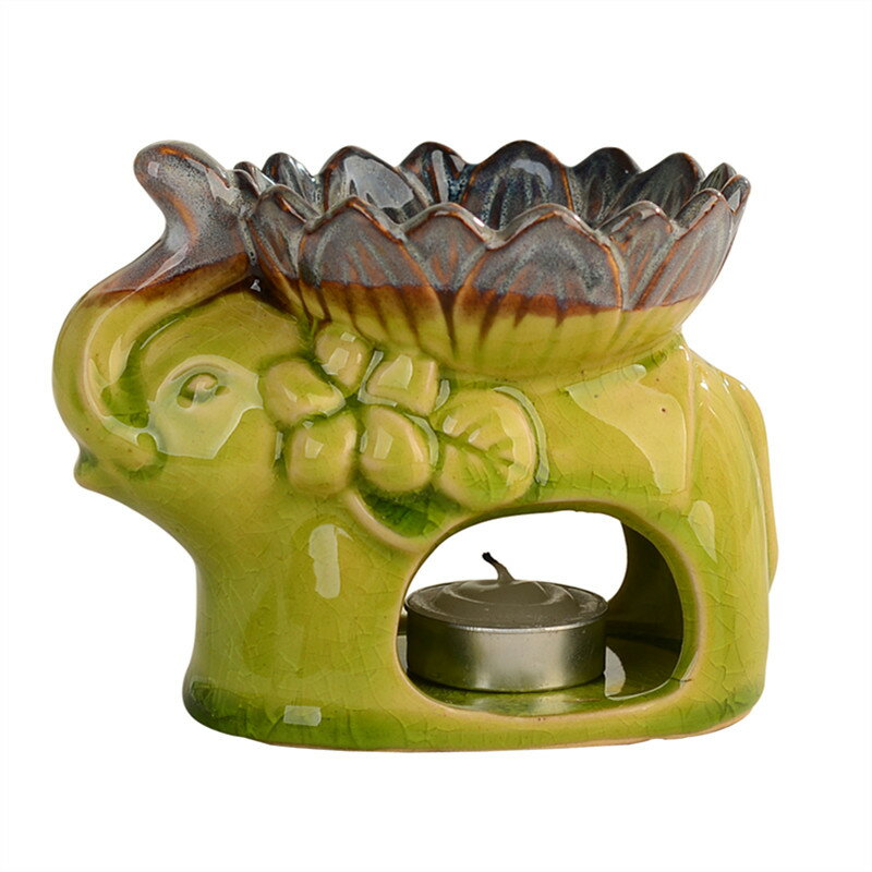 アロマポット 陶器 アジアンリゾート風 象と蓮 インテリア (緑色)