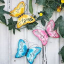 ガーデンオブジェ 壁掛けオーナメント チョウチョ 透かしデザイン アンティーク風 鉄製 (ブルー、イエロー、ピンクの3個セット)