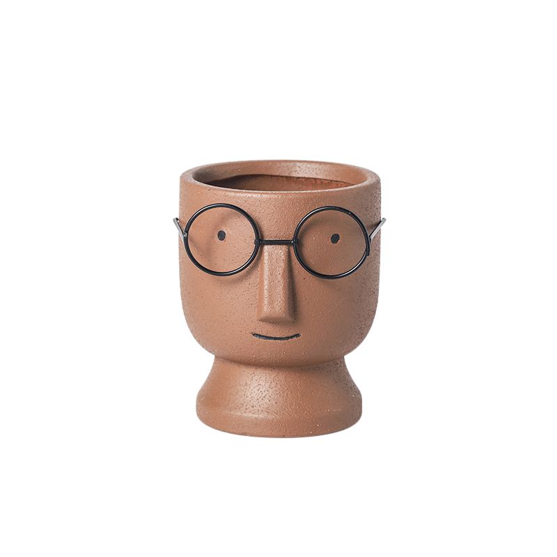 【50％（半額）オフクーポン配布中】フラワーポット 人間の顔 高い鼻 丸眼鏡付き ユニーク 陶器製 (ブラウン)のサムネイル