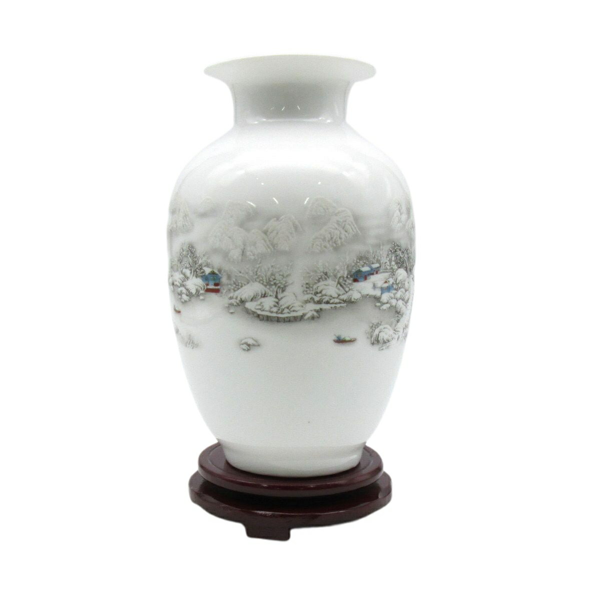 花瓶 中国伝統柄 景徳鎮 陶器製 回転式 台座付き (雪景色)
