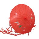 コスプレ 番傘 和傘 花柄 タッセル＆ロングリボン付き 布製 (レッド)