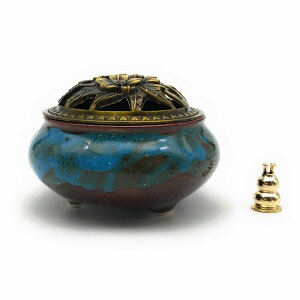 香炉 アンティークモダン風 シックな色合い 陶器製 蓋 お香立て付き (ブルー)