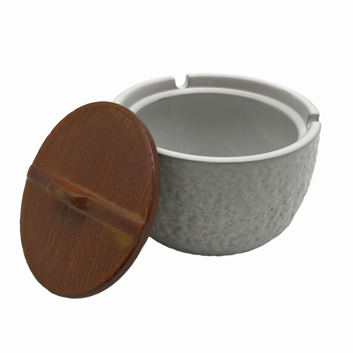 【訳あり】灰皿 和モダン 丸い木製風蓋付き アンティーク風 陶器製 (白)