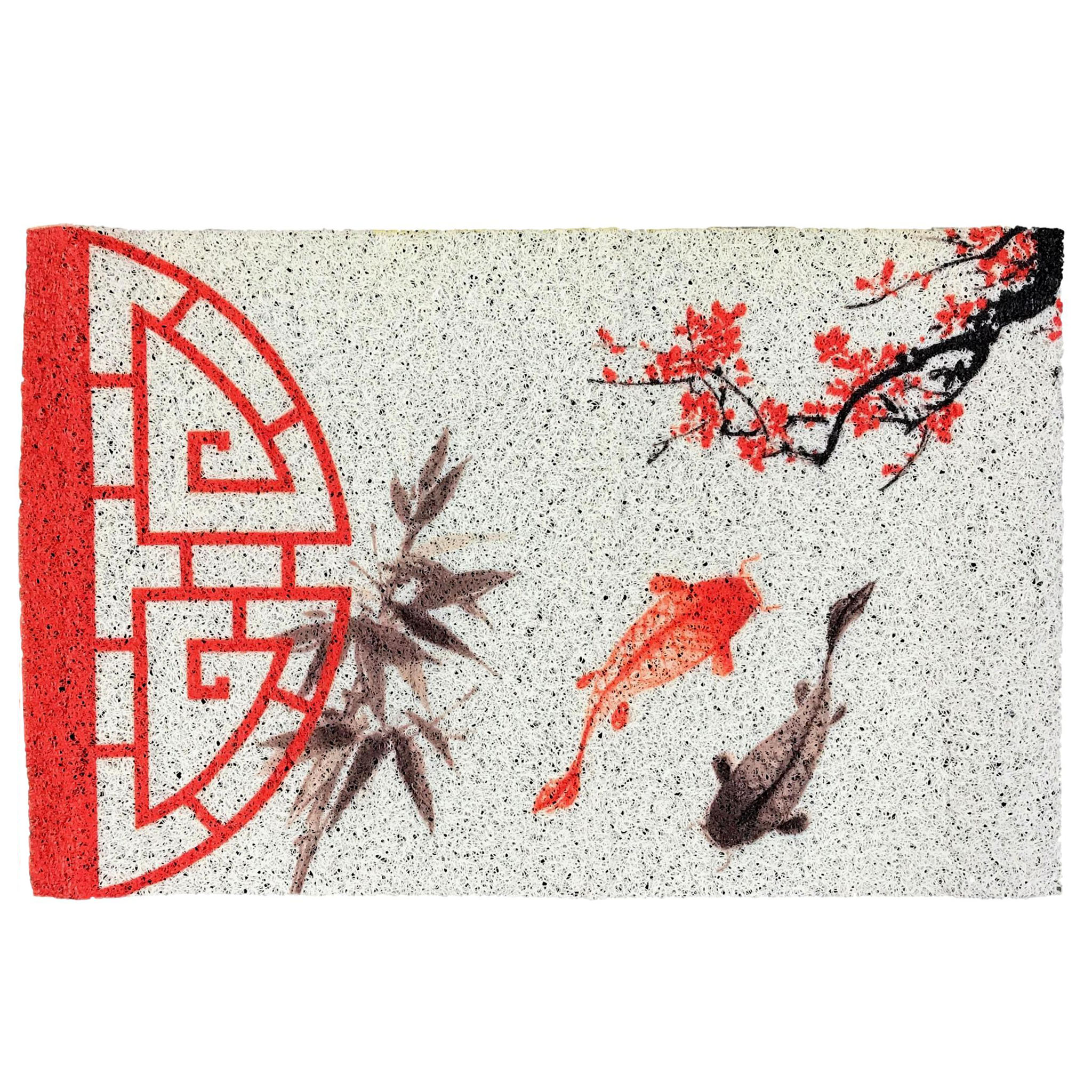 玄関マット 屋外用 梅の花 竹 鯉 水墨画風 中国風
