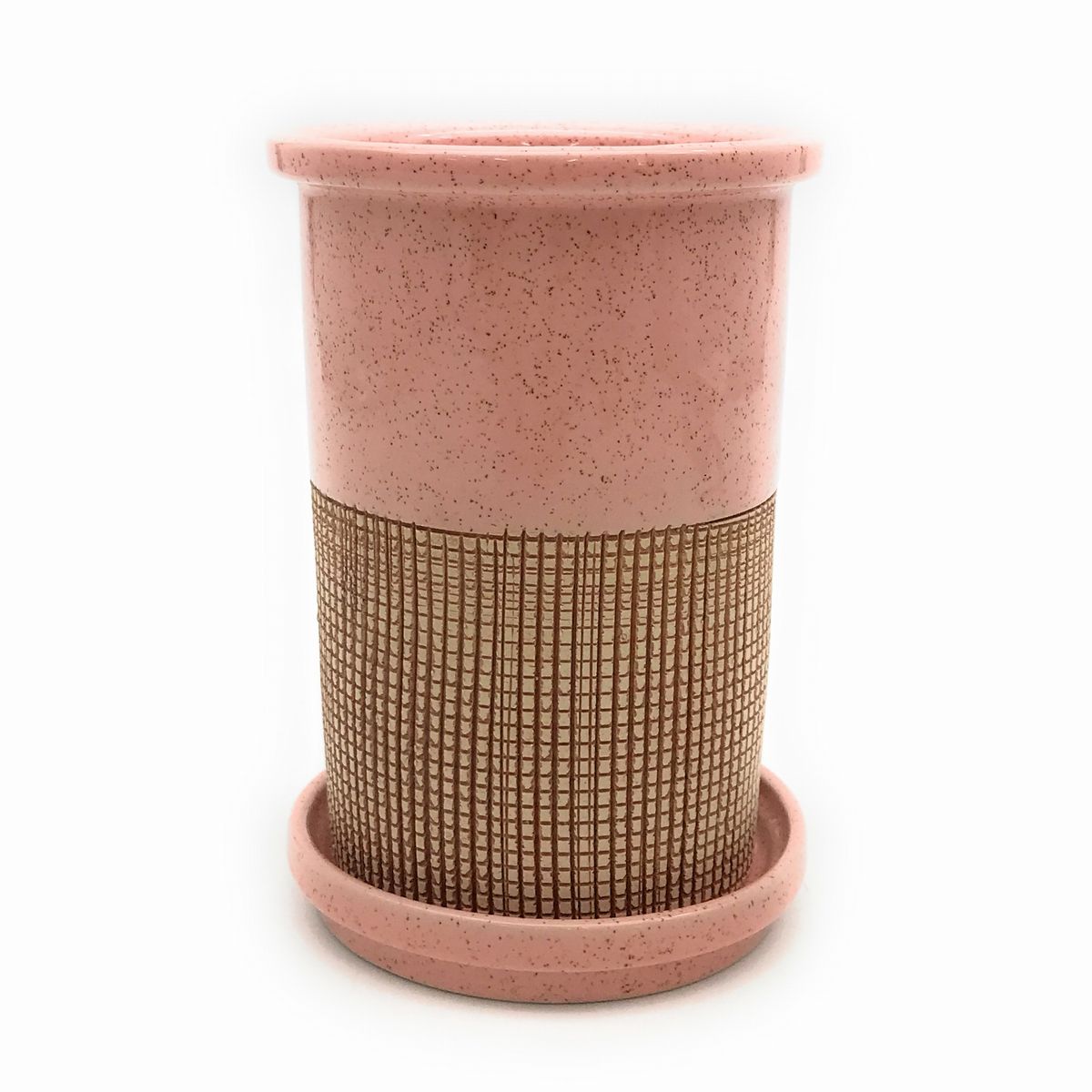 【訳あり】箸立て 小さなブロック柄 型押しデザイン シンプル 陶器製 (ピンク)