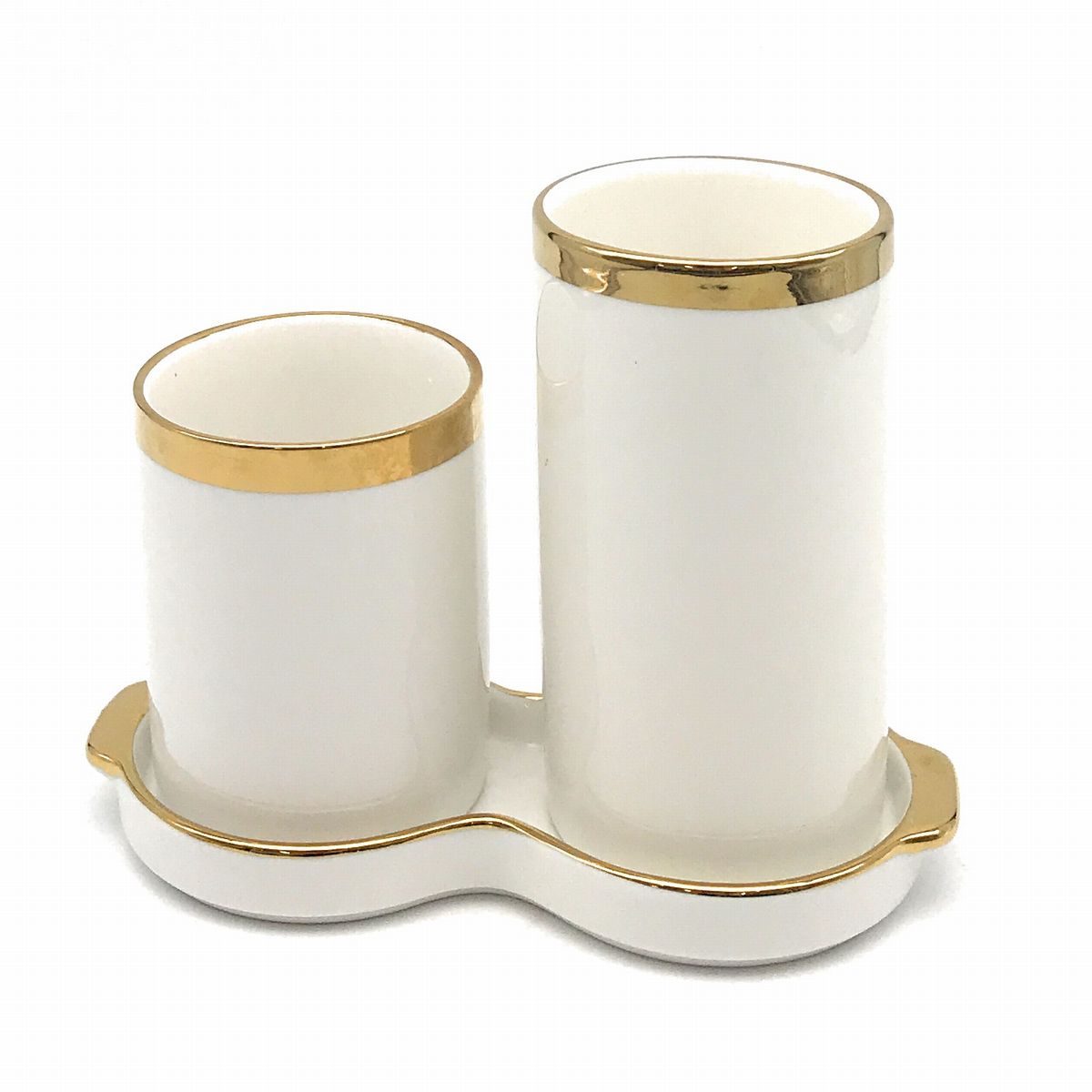 【訳あり】箸立て ゴールドカラーの縁取り バイカラー スタイリッシュ 大小2個セット 水受け皿付き 陶器製 (ホワイト)