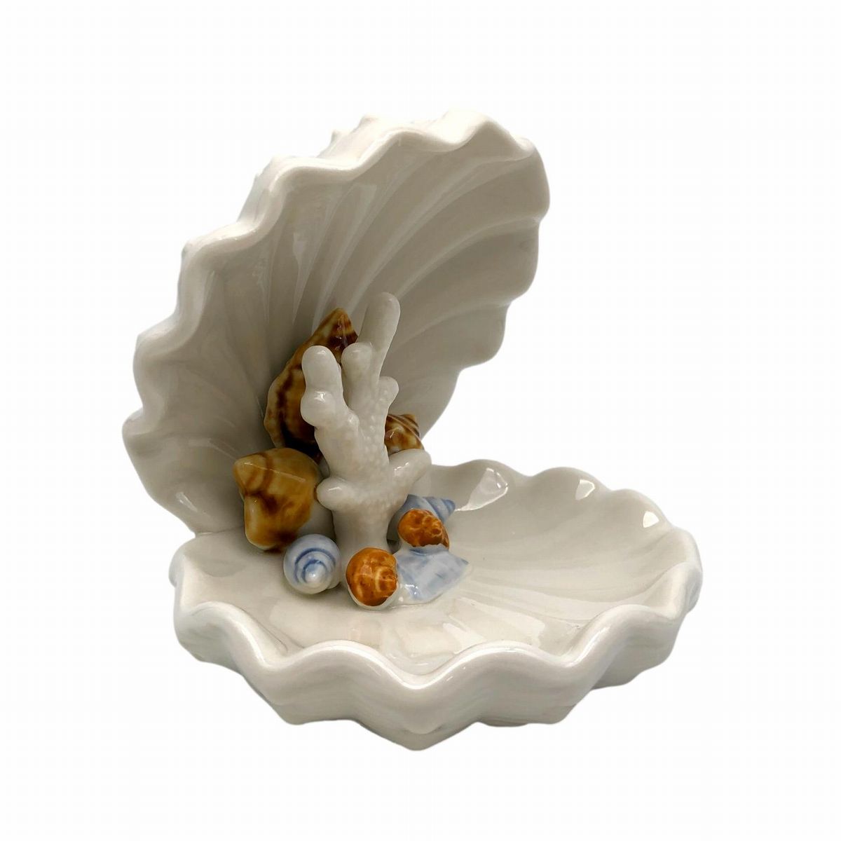 【訳あり】小物入れ 置物 開いた二枚貝 サンゴ 貝殻 陶器製 (ホワイト)