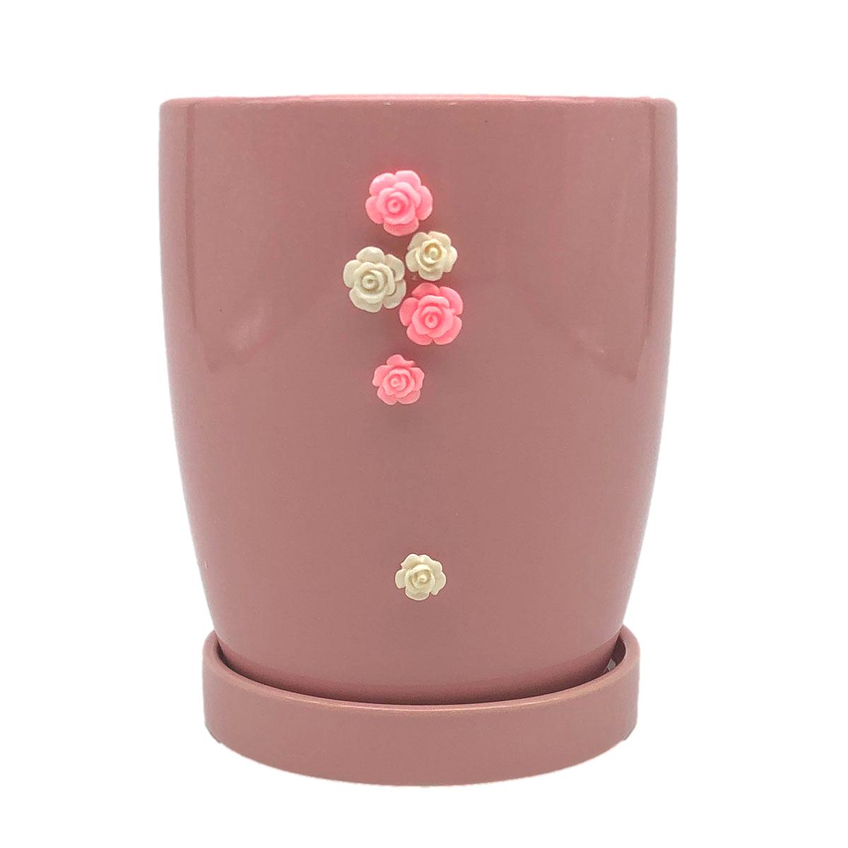 【50％OFF 半額 クーポン配布中】フラワーポット コップ型 立体的なバラの花装飾 ガーリー風 受け皿付き 陶器製 ピンク 