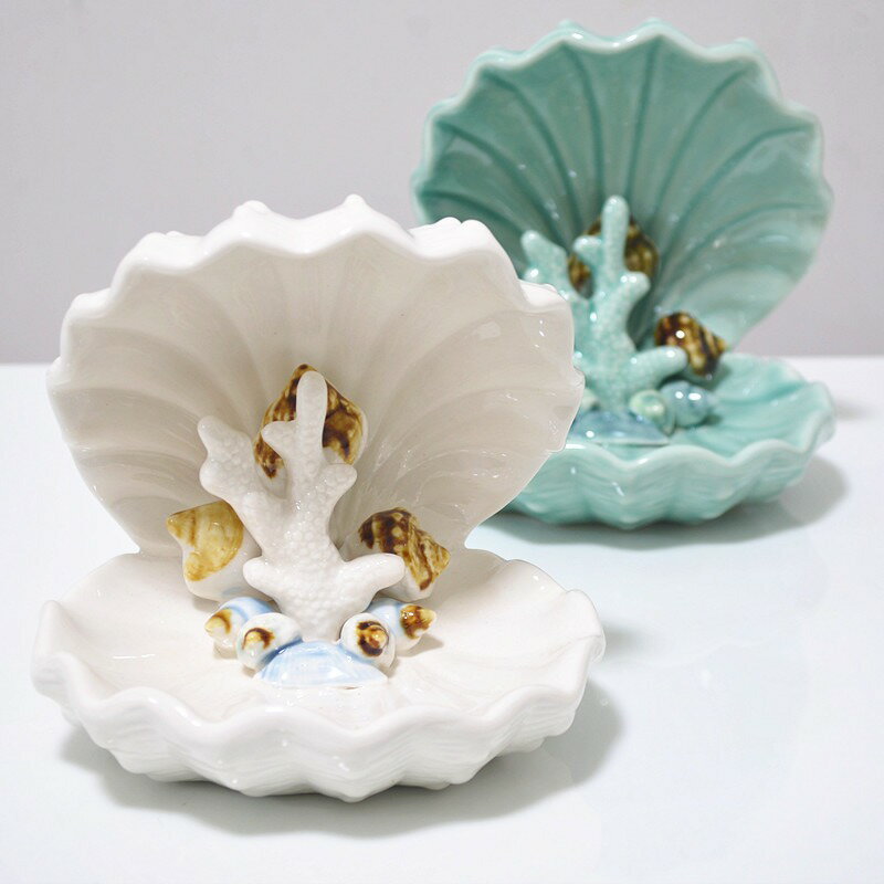小物入れ 置物 開いた二枚貝 サンゴ 貝殻 陶器製 ホワイト ブルー