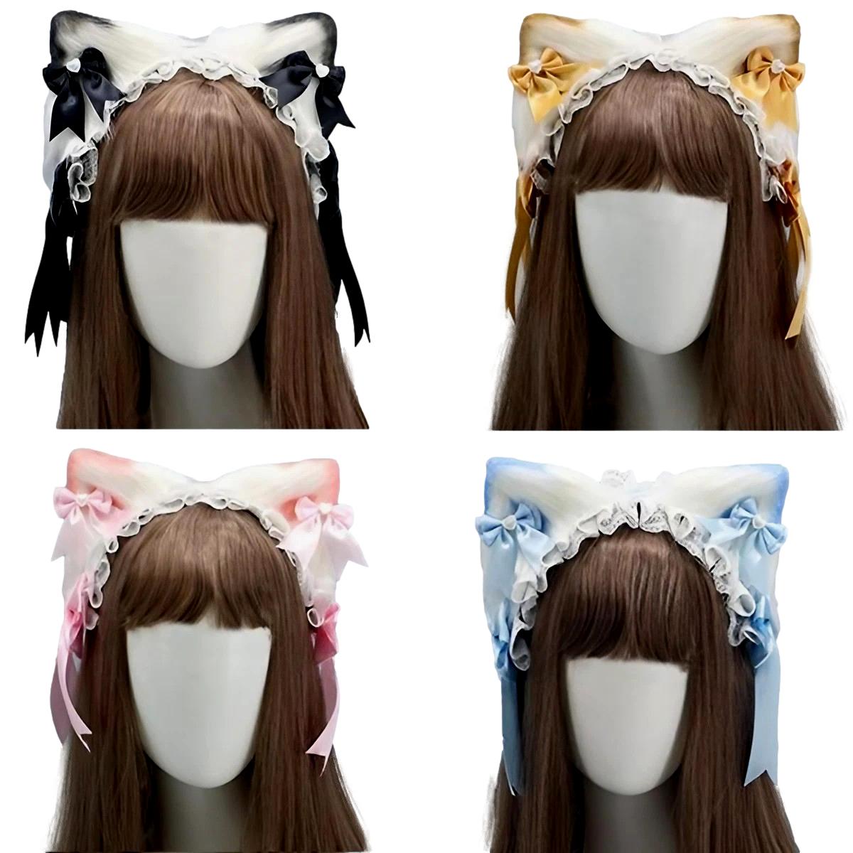 【50％OFF（半額）クーポン配布中】コスプレ ヘッドドレス ロリータ レース リボン 猫耳のヘアピン付き ピンク ブラック イエロー ブルー