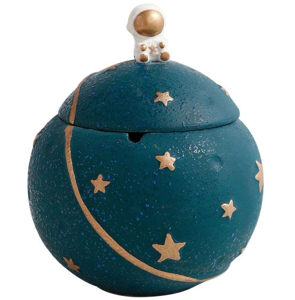 【訳あり】灰皿 惑星の上に座る宇宙飛行士 球形 星模様 蓋付き 陶器製 (グリーン)