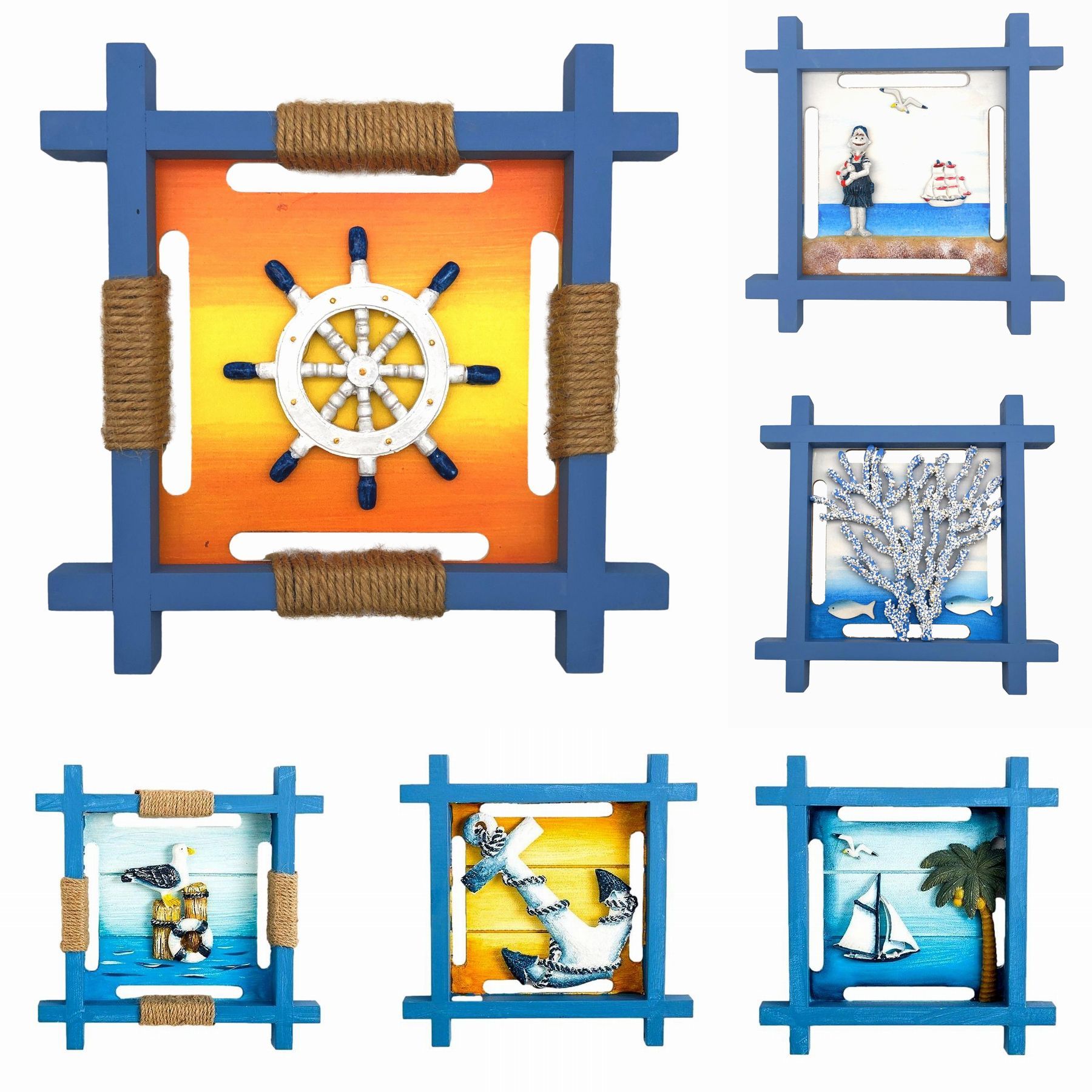 壁掛けオブジェ マリン風デザイン 爽やか ライトブルーの木枠 舵輪 鳥 イカリ 子供と船 ヤシの木とヨット サンゴ
