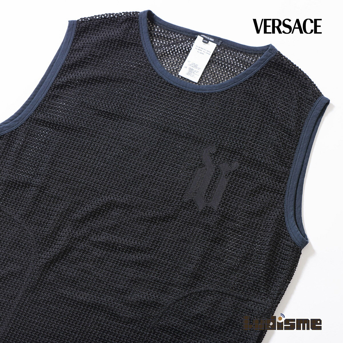 【中古】ヴェルサーチ VERSACE CLASSIC メッシュタンクトップ ブラック ノースリーブ ロゴ刺繍 ワッペン メンズ レディース ユニセックス メンズ...