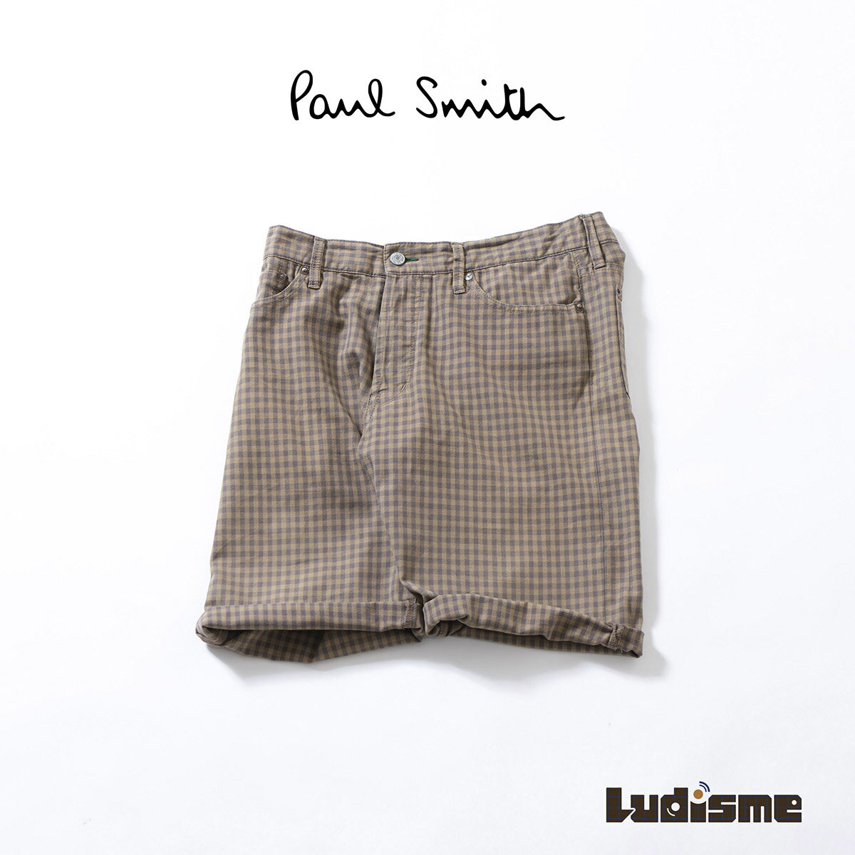 【古着】ポールスミス ジーンズ Paul Smith JEANS ギンガムチェック ハーフパンツ カーキ系 ショーツ ボタンフライ 5ポケット コットン カジュアル 夏服 メンズファッション メンズボトムス 半ズボン【中古】【ブランド古着】【USED】