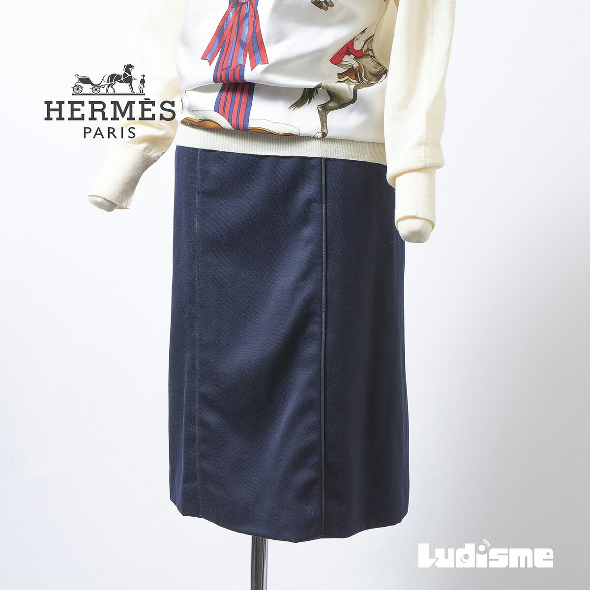 樂天商城 - 【古着】エルメス HERMES スカート ミディ丈 ネイビー 36 レディース フランス製 レザートリミング Aライン ボトムス コクーンスカート スクエアスカート【中古】【ブランド古着】【USED】