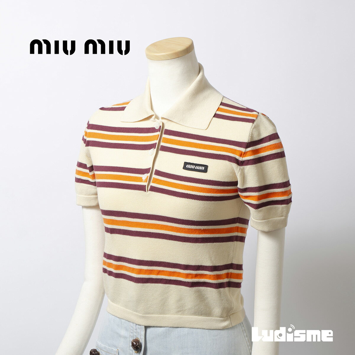 樂天商城 - 【古着】ミュウミュウ MIU MIU コットンシルク ニットポロ レディース 36 イタリア製 トップス ポロシャツ 半袖 ボーダー ストライプ ショート丈 タイト Y2K サマーニット【中古】【ブランド古着】【USED】