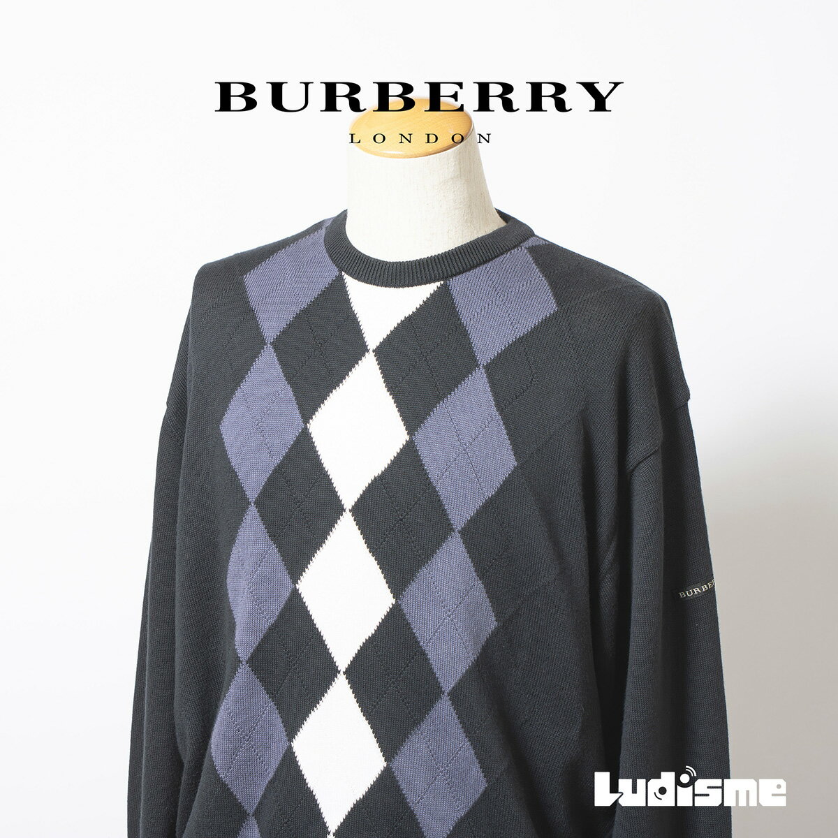 樂天商城 - 【古着】バーバリー BURBERRY Golf アーガイル ニット セーター ブラック コットン100％ メンズ L 日本製 クルーネック ロゴ刺繍 トップス 英国トラッド クラシック【中古】【ブランド古着】【USED】