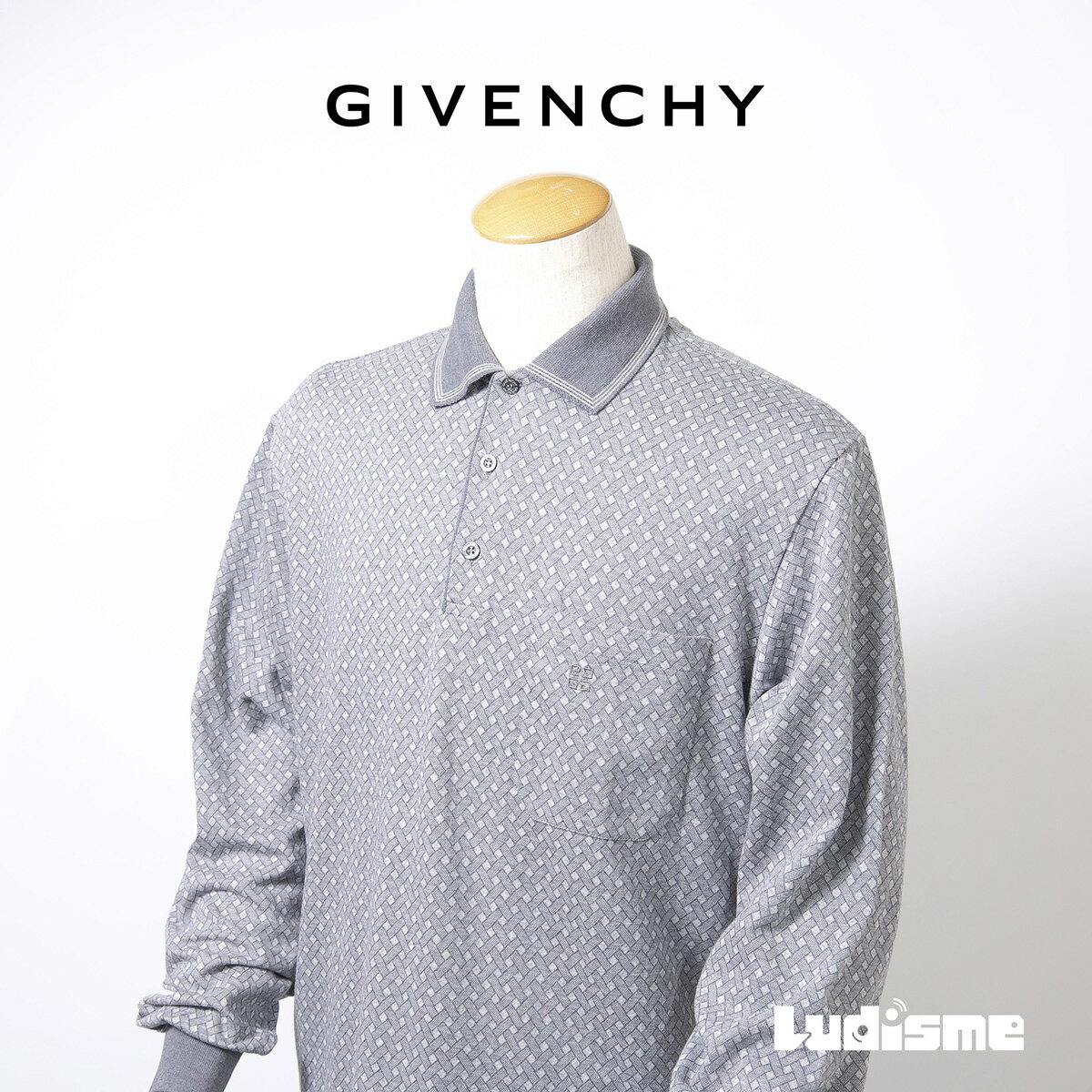 Rakuten - 【古着】ジバンシィ GIVENCHY ロングスリーブ コットンニットポロ グレー メンズ M 長袖ポロシャツ 総柄 モノグラム 4Gロゴ 刺繍ロゴ イタリア製 コットン100％ 襟付き プルオーバー GIVENCHY PARIS【中古】【USED】