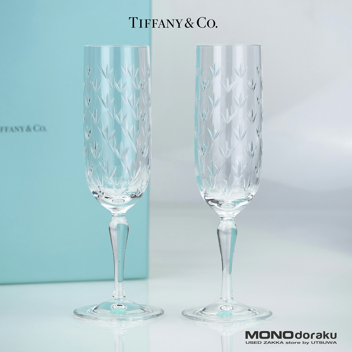 【美品・箱付】ティファニー TIFFANY & Co. フローレット クリスタルグラス ペア シャンパンフルート スパークリング フルートグラス 花模様 エッチング 【中古】