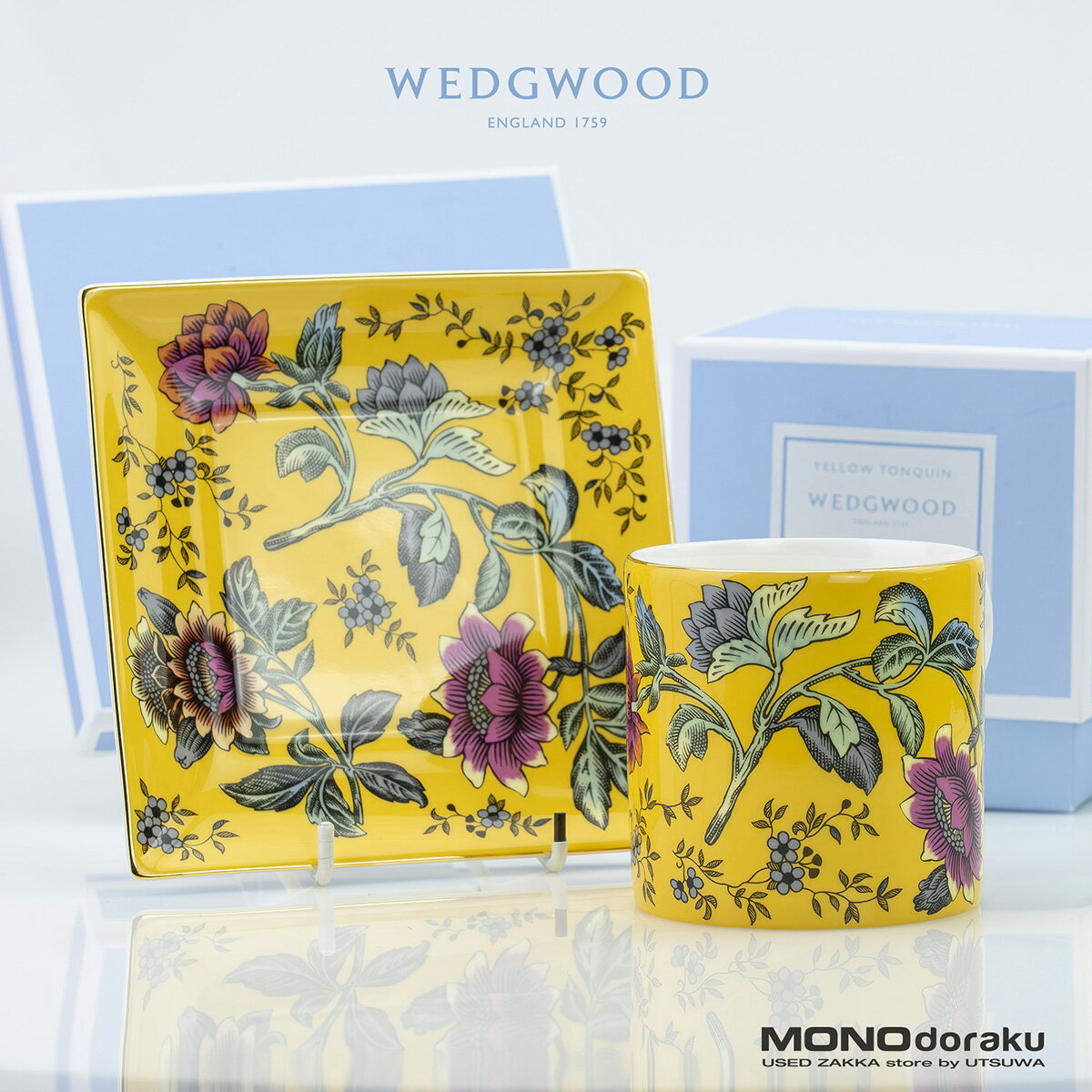 【箱付】ウェッジウッド WEDGWOOD ワンダーラスト イエロー トンキン マグカップ＆スクエアトレイ セット 菊 花柄 英国ブランド 美品【中古】