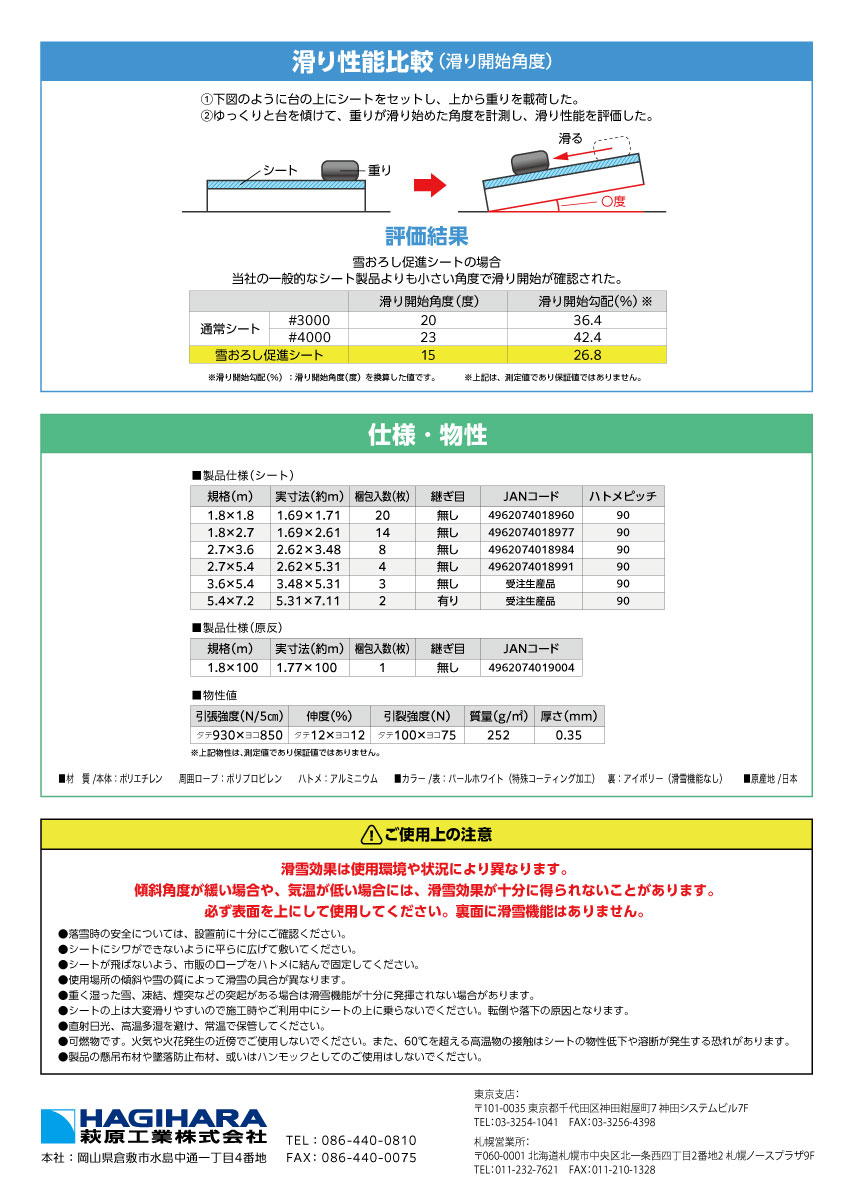 萩原工業 ターピー 雪下ろし促進シート＜カーポート／物置／農業用ハウスの雪下ろ...