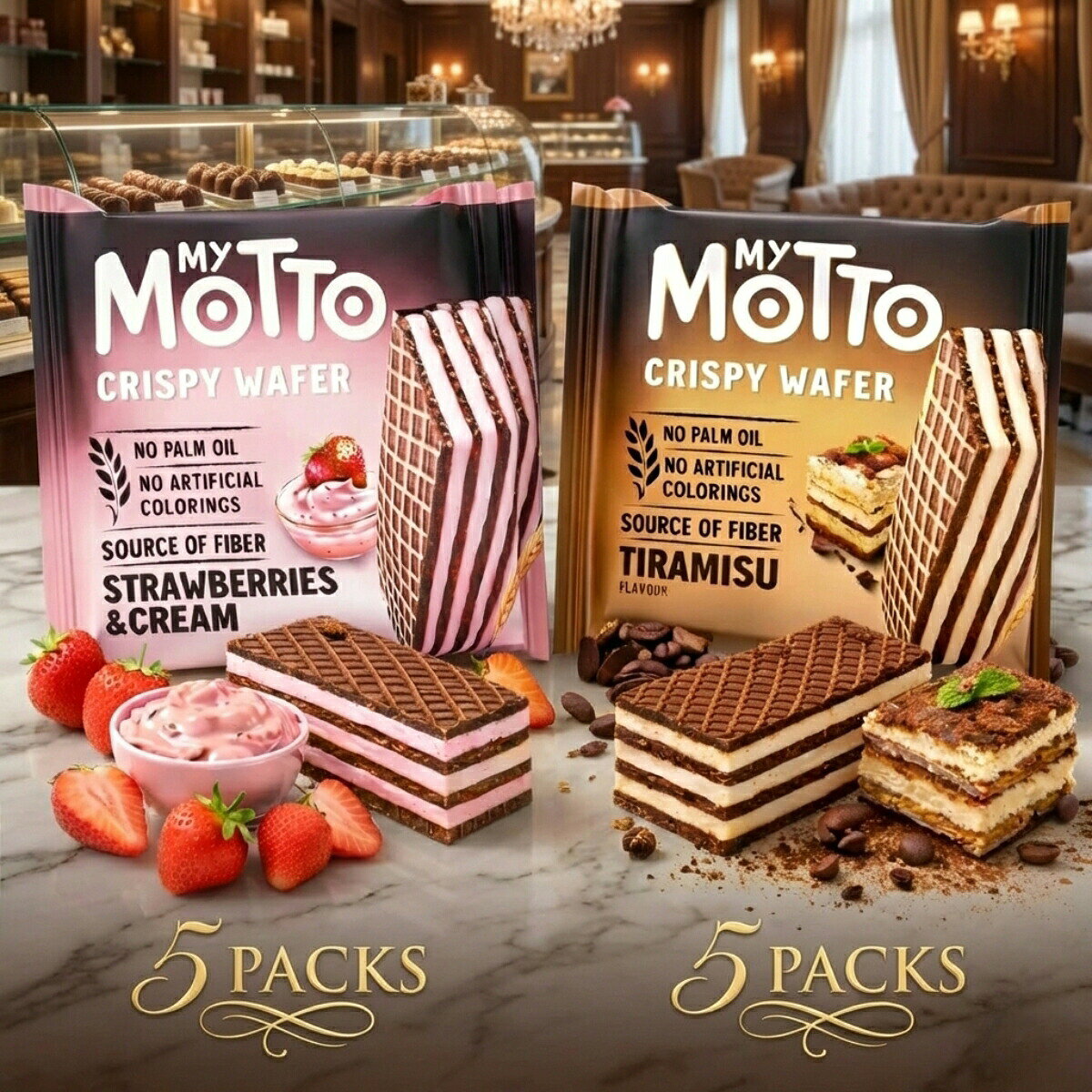 商品情報商品説明【送料無料】ブルガリア生まれの本格派ウエハース My Motto（マイモット）人気2種食べ比べセット（計10袋）有名シェフパティシエ、アレックス・イヴァンチェフ氏が監修。 「味こそ要」をテーマに作られた、サクサクのクリスピー食感と、素材にこだわった濃厚クリームが楽しめる贅沢な輸入菓子です。■お届け内容（合計10袋） 人気の2つのフレーバーを各5袋ずつセットにしました。【1】ティラミス味（30g）× 5袋 コーヒーの香りとコクのあるクリームが絶妙。 「袋を開けた瞬間カカオの香りが広がる」「甘すぎず大人の味」とリピーター続出のNo.1フレーバー。 コーヒーとの相性が抜群です。【2】ストロベリー味（30g）× 5袋 苺の甘酸っぱさとサクサク食感が楽しめる、爽やかでリッチなフレーバー。 お子様のおやつや、紅茶のお供に最適です。■「My Motto」3つの魅力パームオイル不使用＆人工着色料不使用 健康を気遣う方にも嬉しい、体に優しい素材で作られています。満足感のある食べきりサイズ 1袋（30g）にウエハースが2本入っています。 家事の合間やデスクワークの休憩に、手を汚さずにサッと食べられます。4層構造のサクサク食感 ウエハースとクリームを4層に重ねることで、軽やかなのに濃厚な満足感を実現しました。【検索用キーワード】マイモット MyMotto My Motto ウエハース ウェイファー ウェハース 輸入菓子 海外菓子 ブルガリア ヨーロッパ お菓子 スイーツ おやつ 焼き菓子 ティラミス ストロベリー いちご 珈琲 コーヒー 紅茶 パームオイル不使用 ノンパーム 人工着色料不使用 ヘルシー ギルトフリー シェフ監修 個包装 小分け ばら売り 詰め合わせ アソート セット 食べ比べ お試し ポイント消化 1000円ポッキリ 1000円均一 送料無料 メール便 ポスト投函 買い回り マラソン プチギフト バレンタイン ホワイトデー 配る用 休憩 オフィス【まとめ買い10％OFFクーポン】マイモット ウエハース 食べ比べ 10袋 20袋セット ティラミス ストロベリー 各5 10袋 輸入菓子 個包装 スイーツ My Motto パームオイル不使用 お菓子 詰め合わせ 送料無料 ポイント消化 お試し 1000円ポッキリ 買い回り 【有名シェフ監修】ブルガリア生まれの本格ウエハース！ティラミス＆ストロベリー2種食べ比べ5~10袋セット。パームオイル不使用で体に優しい。 【送料無料】ブルガリア生まれの本格派ウエハース My Motto（マイモット）人気2種食べ比べセット（計10袋）有名シェフパティシエ、アレックス・イヴァンチェフ氏が監修。 「味こそ要」をテーマに作られた、サクサクのクリスピー食感と、素材にこだわった濃厚クリームが楽しめる贅沢な輸入菓子です。■お届け内容（合計10袋） 人気の2つのフレーバーを各5袋ずつセットにしました。【1】ティラミス味（30g）× 5袋 コーヒーの香りとコクのあるクリームが絶妙。 「袋を開けた瞬間カカオの香りが広がる」「甘すぎず大人の味」とリピーター続出のNo.1フレーバー。 コーヒーとの相性が抜群です。【2】ストロベリー味（30g）× 5袋 苺の甘酸っぱさとサクサク食感が楽しめる、爽やかでリッチなフレーバー。 お子様のおやつや、紅茶のお供に最適です。■「My Motto」3つの魅力パームオイル不使用＆人工着色料不使用 健康を気遣う方にも嬉しい、体に優しい素材で作られています。満足感のある食べきりサイズ 1袋（30g）にウエハースが2本入っています。 家事の合間やデスクワークの休憩に、手を汚さずにサッと食べられます。4層構造のサクサク食感 ウエハースとクリームを4層に重ねることで、軽やかなのに濃厚な満足感を実現しました。■【重要】ご購入前に必ずお読みください本商品は非常に繊細で、崩れやすい特徴があるウエハース菓子です。 当店では指定の箱に入れ、できる限りの割れ防止対策をして「ポスト投函（メール便）」にて発送いたしますが、配送過程等の衝撃により「割れ」「欠け」「崩れ」が生じる可能性がございます。誠に恐れ入りますが、配送中の割れや、気温上昇による溶け等に関する 【返品・交換・返金】等のご対応は致しかねます。「割れていても味は美味しいから問題ない」とご理解いただける方のみ、ご購入をお願い申し上げます。 5