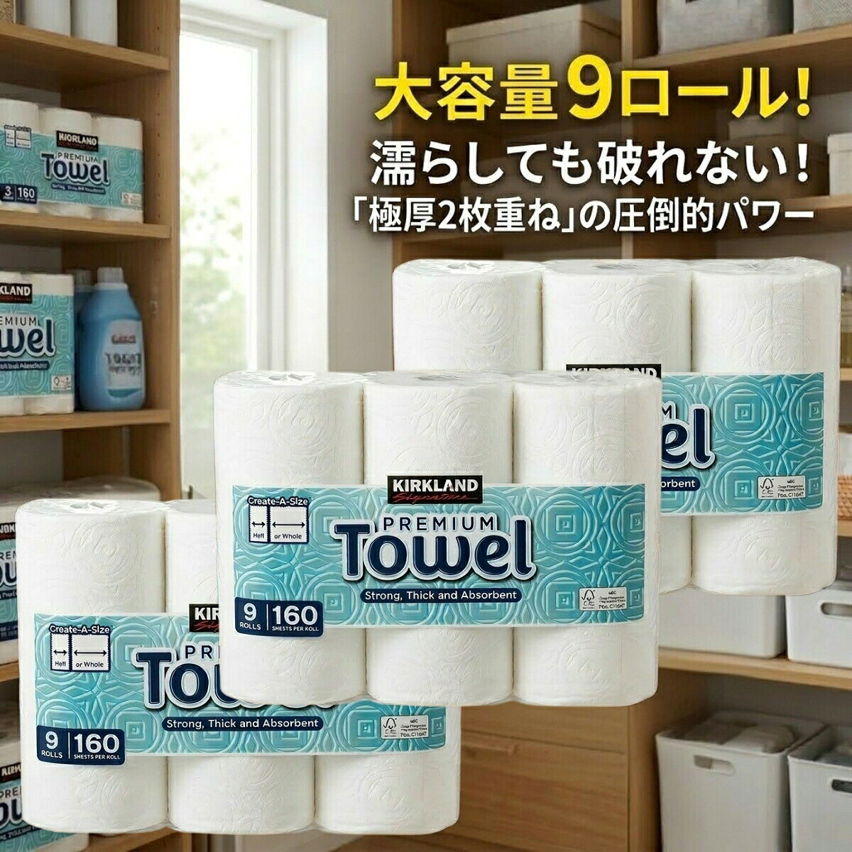 【大容量 9ロール】コストコ カークランド ペーパータオル 9ロール 圧倒的吸水力！ キッチンペーパー 160シート 2枚重ね 丈夫 厚手 掃除 油切り 日用品 備蓄 業務用 まとめ買い 大容量 買い回り ポイント消化 送料無料 爆買い ストック 国産 日本製 破れにくい monokono-bigbox-10000361 MONOKONO BIGBOX パッケージ画像