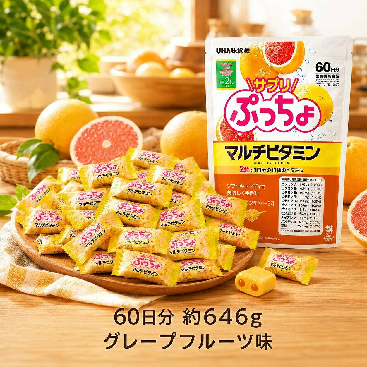 商品情報賞味期限発送から3ヶ月以上関連ワードグミ マルチビタミン ボトル しば漬け ボール サプリ アイス クリアファイル ケース ご当地 キャンペーン 容器 沖縄 ロシアンルーレット コーラ ソーダ 袋 イラスト 猫 激辛 アソート いちご 種類 シャインマスカット 箱 味 ぶどう しろくま 筒 蓋 マスカット メロン レモン おもちゃ 期間限定 コラボ 個包装 包み紙 中身 みかん ラムネ 4種アソート キーホルダー さくらんぼ 4種 大袋 シークワーサー 瀬戸内レモン 限定 パッケージ 三角箱 サイダー ホワイトソーダ メガソーダ りんご ガム ガチャガチャ グレープ 晩白柚 ブルーハワイ 棒 九州 チョコ オールスターミックス 夕張メロン ヨーグルッペ オレンジ みかん味 いよかん 桃 マンゴー ピーチ ピーチソーダ 東京 ぬいぐるみ バケツ クッション 入浴剤 ルテイン 10個入り 5本入り 5個入り 67g 7粒 88g 90日分 カービィ ソフトキャンディ チューイングキャンディ 鉄分 ヨーグルト味 わたあめ味 ずんだ ゼラチン ダイナーアソート フローズンピーチソーダ プロテイン 1kg 200袋 11種 詰め合わせ 配布用 イベント 204袋入 あまおう ストロング 単品【120個入り】 UHA味覚糖 サプリぷっちょ マルチビタミン 約646g 60日分 グレープフルーツ味 ソフトキャンディ 11種のビタミン配合 個包装 1日2粒 ぷっちょ お菓子 キャンディ 大容量 おやつ 持ち運び メール便 送料無料 噛めば噛むほど爽やかジューシー！プチプチ食感が楽しいグレープフルーツ味。個包装でカバンにポン♪30・60・90日分から選べる、ぷっちょのおいしさ 爽やかジューシーなグレープフルーツ味を、おやつ感覚で。UHA味覚糖「サプリぷっちょ マルチビタミン」は、ぷっちょらしい弾力のあるソフトキャンディです。噛めば噛むほどグレープフルーツの爽やかな味わいが口いっぱいに広がり、中のプチプチとした食感が楽しいアクセント。弾力のあるソフトキャンディとプチプチ食感のマリアージュが、後を引くおいしさです。「お菓子感覚で食べられるおいしさ」「ぷっちょらしくサプリメントと思えない美味しさ」も魅力。2粒に11種のビタミンを配合しています。1日2粒が目安。1粒ずつ個包装されているので、カバンにポン。デスクやお出かけ先など、いつでもどこでも楽しみやすい仕様です。お好みに合わせて3つの内容量から選べます。【30日分】約323g【60日分】約646g【90日分】969g【味】グレープフルーツ味【目安】1日2粒【特徴】ソフトキャンディ・個包装・11種のビタミン配合【メーカー】UHA味覚糖■30日分・60日分について969gの大袋商品から、個包装された中身をそれぞれ約323g・約646gに分け、当店にて別の梱包材へ入れ替えてお届けします。個包装は未開封のままです。メーカーの大袋外装は付属しません。■90日分について969gのメーカー大袋をそのままお届けします。※アレルギー物質：乳成分・大豆・ゼラチン 5