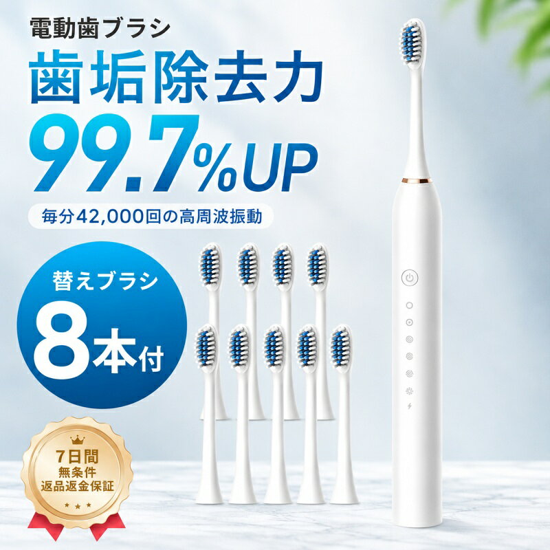 【期間限定！8/26日迄〜P10倍】 電動歯ブラシ 替えブラシ ブラシ 充電式 歯ブラシ IPX7 防水設計 歯磨き 静音 おしゃれ 携帯 歯石予防 子供 大人 低騒音 替えブラシ8本 USB充電式 出張にも最適