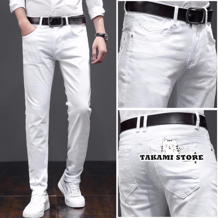 Skinny denim white jeans for men. Stretchable denim pants, business-appropriate, white trousers, perfect for summer and spring. Lightweight fabric.