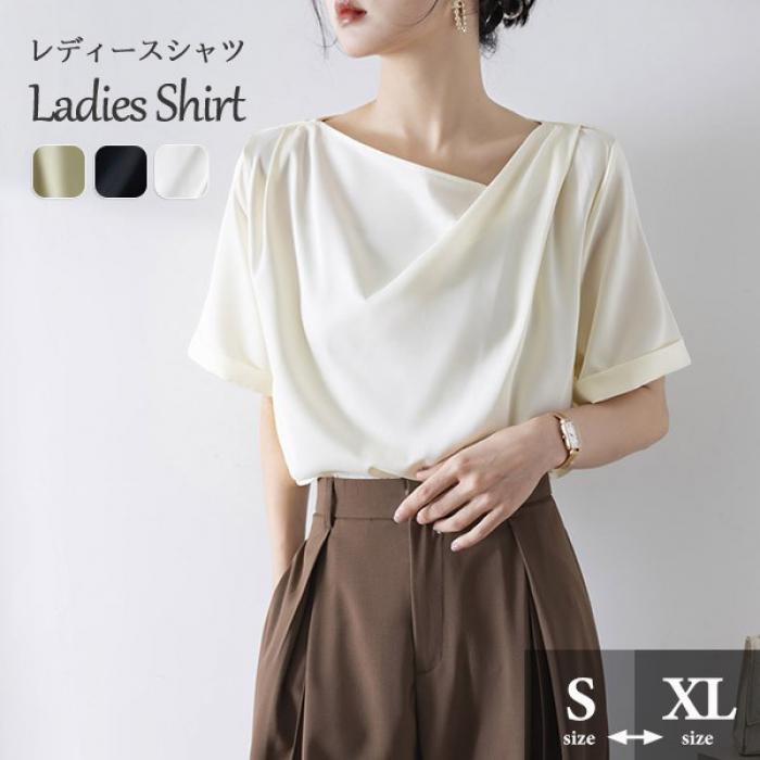 ブラウス レディース シャツ トップス ハートネック 落ち感 タレ感 ドレープ性高い ストンと落ちる バフスリーブ 半袖あり 袖付き tシャツ フェミニン 夏 おしゃれ サマー セクシー