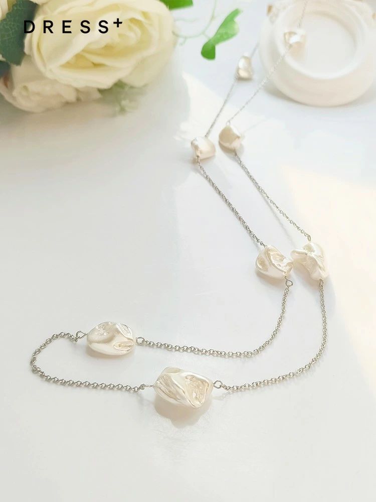 ネックレス アクセサリー レディース ステーションネックレス ロングネックレス チェーンネック シェルパーツ 変形パール パーティー お呼ばれ 結婚式 二次会 行事 フォーマル ジュエリー シルバー ワンサイズ cyl069