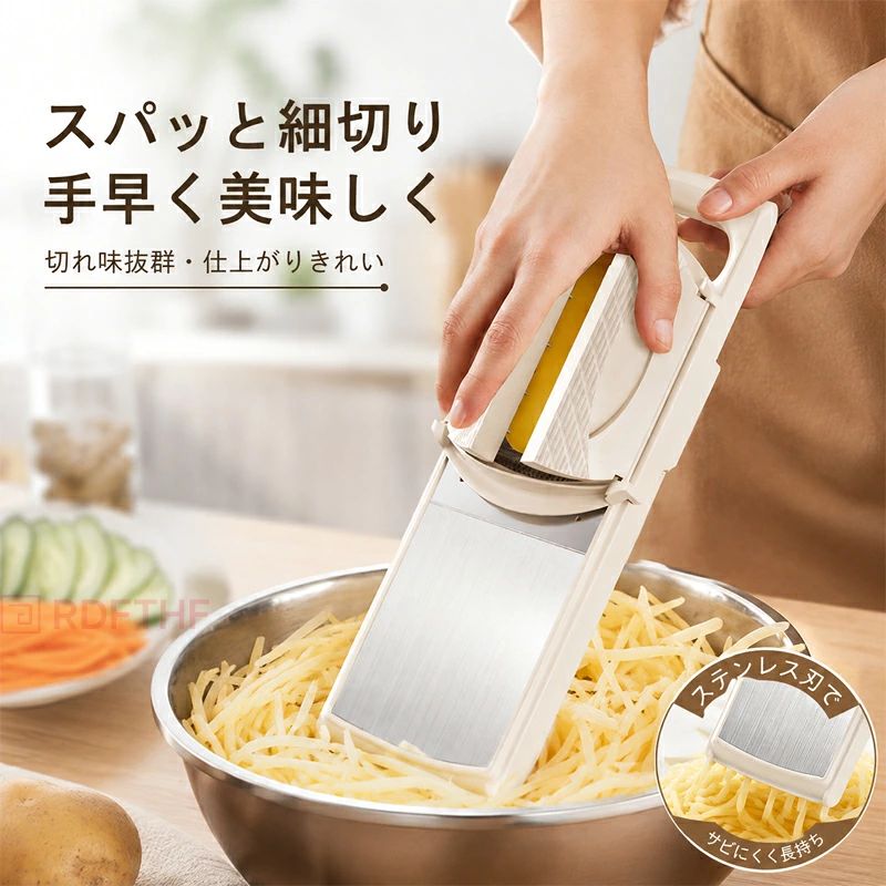 多機能野菜スライサー 千切り器 野菜カッター 5段階厚み調整 スライド切替 安全ホルダー付き 受けケース付き 水切り対応 スライス 細切り 薄切り キッチン調理器具 時短 下ごしらえ monolith-1-10055736 モノリスプラス パッケージ画像