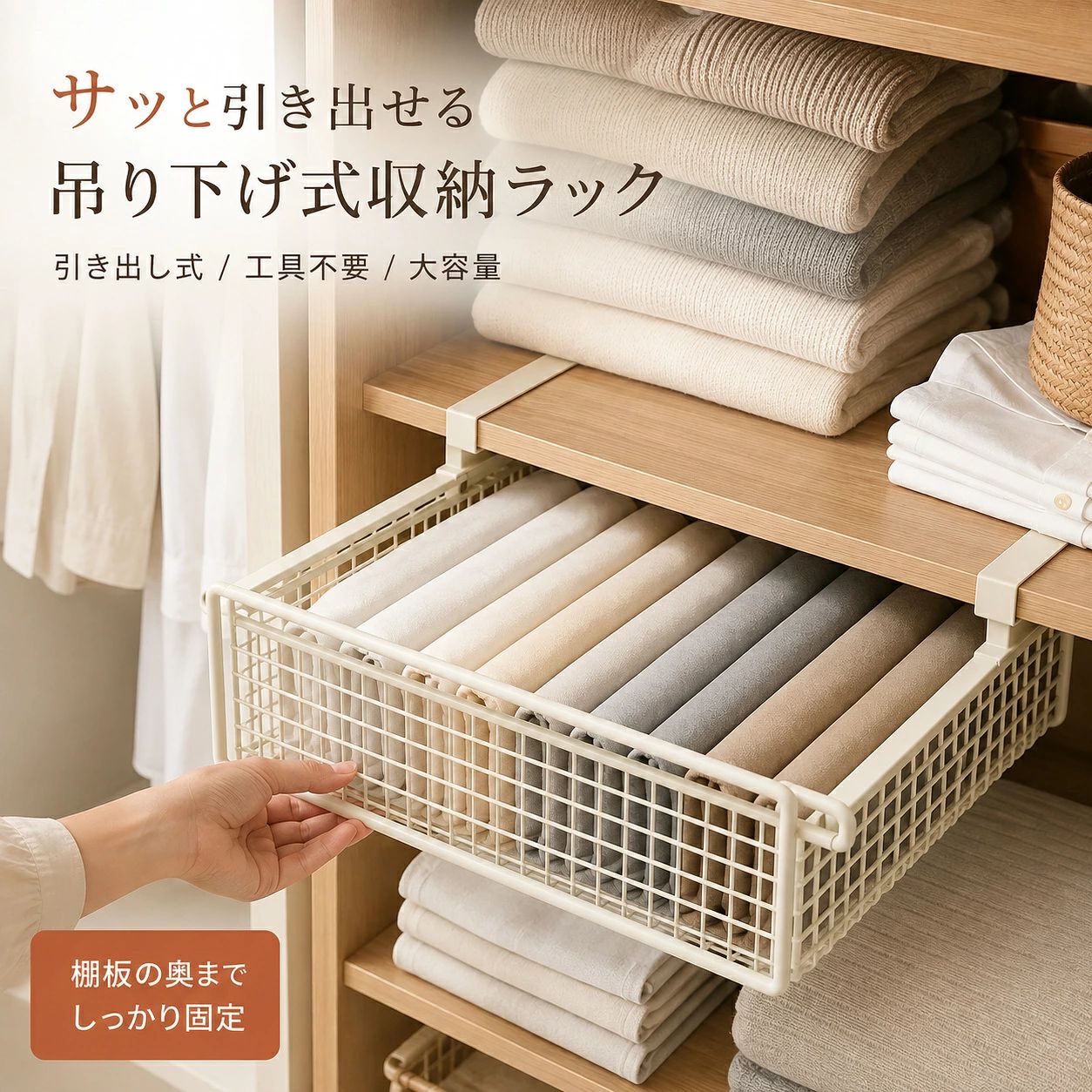 キッチン収納 工具不要で簡単取付 収納ラック クローゼット収納 収納ラック 引き出し式で出し入れ簡単 吊り下げ収納 デッドスペース有効活用 衣類・タオル・小物整理 ホワイト 棚下収納 大容量 吊り戸棚 衣類収納 吊り戸棚下収納 棚板の奥までしっかり固定 ブラック