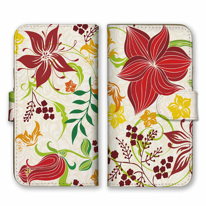 全機種対応 手帳型 スマホケース SIMフリー対応 花 花柄 葉っぱ 草 植物 芸術 デザイン アート 自然 個性的 鮮やか 可愛い 大人 お洒落 爽やか 模様 赤 紅色 オレンジ 茶色 黄色 set13665 iPhone14 13 12mini Pro Max SE(第3世代) Galaxy Xperia AQUOS
