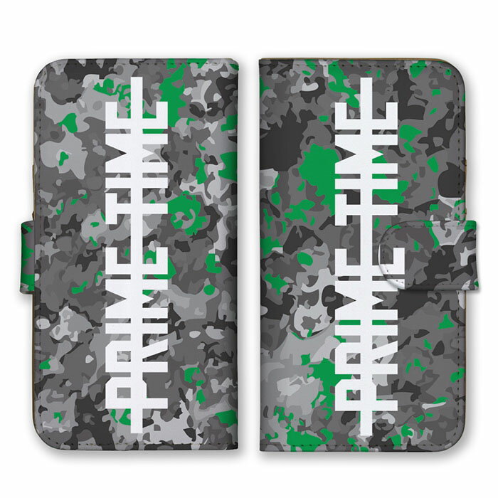 全機種対応 手帳型 スマホケース SIMフリー対応 PRIME TIME プライムタイム ロゴ 英字 英語 グレー グリーン チャコール 迷彩柄 カモフラ柄 ミリタリー iPhone14 13 12mini Pro Max SE(第3世代) Galaxy Xperia AQUOS