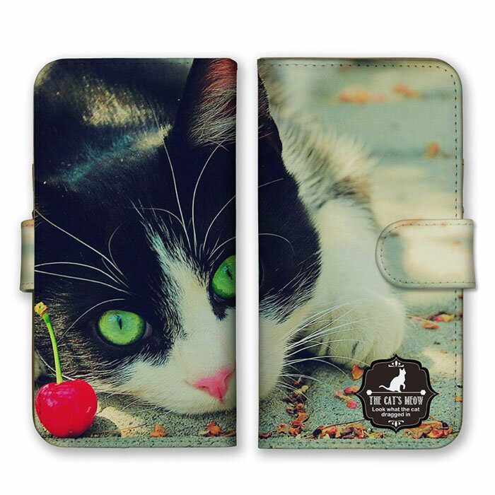 全機種対応 手帳型 スマホケース SIMフリー対応 美猫 にゃんこ ニャンコ はちわれ 白黒 チェリー サクランボ 美しい 癒し 写真 かわいい 可愛い ブラック シンプル 動物柄 iPhone14 13 12mini Pro Max SE(第3世代) Galaxy Xperia AQUOS