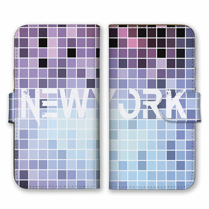 Rakuten - 全機種対応 手帳型 スマホケース SIMフリー対応 set22005 NEW YORK チェック ブロック モザイク パープル ホワイト 紫色 白色 グラデーション iPhone14 13 12mini Pro Max SE(第3世代) Galaxy Xperia AQUOS